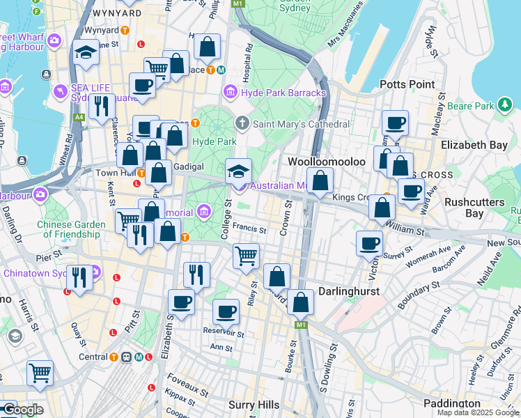 map of restaurants, bars, coffee shops, grocery stores, and more near 22-38 Yurong Street in Darlinghurst