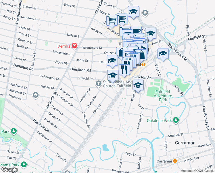 map of restaurants, bars, coffee shops, grocery stores, and more near 20 York Street in Fairfield