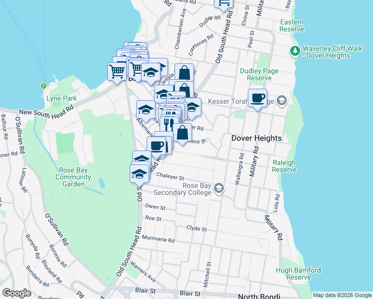 map of restaurants, bars, coffee shops, grocery stores, and more near 20 Liverpool Street in Rose Bay