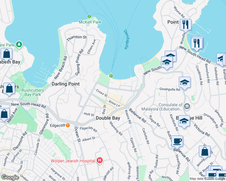map of restaurants, bars, coffee shops, grocery stores, and more near 23 William Street in Double Bay