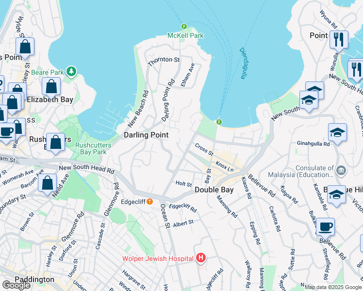 map of restaurants, bars, coffee shops, grocery stores, and more near 53 Ocean Avenue in Double Bay