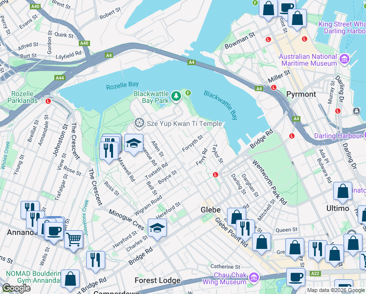 map of restaurants, bars, coffee shops, grocery stores, and more near 2 Avona Avenue in Glebe