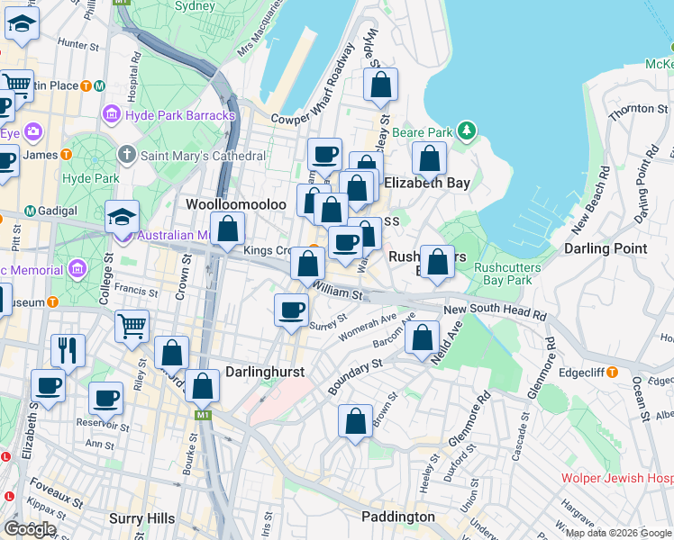 map of restaurants, bars, coffee shops, grocery stores, and more near 38 Kings Cross Road in Potts Point