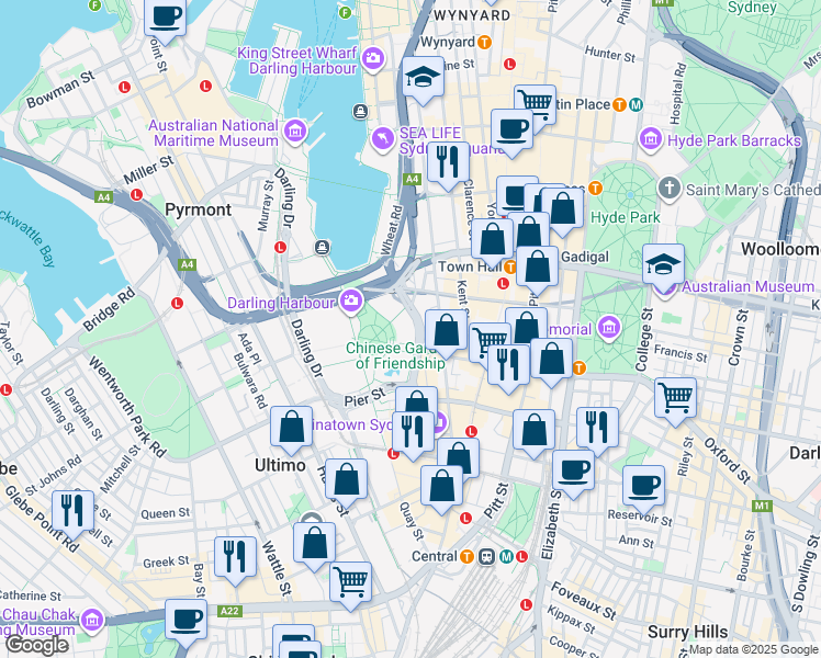 map of restaurants, bars, coffee shops, grocery stores, and more near 1 Harbour Street in Sydney