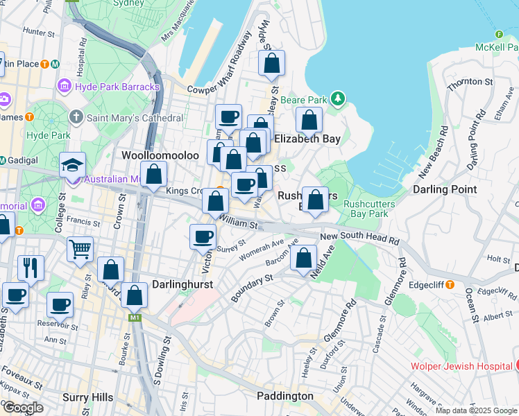map of restaurants, bars, coffee shops, grocery stores, and more near 51 Bayswater Road in Rushcutters Bay