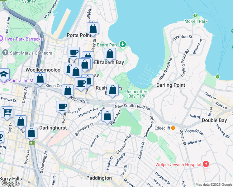 map of restaurants, bars, coffee shops, grocery stores, and more near 16-18 Waratah Street in Rushcutters Bay