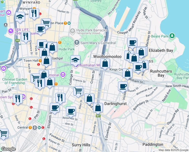 map of restaurants, bars, coffee shops, grocery stores, and more near 142 Crown Street in Darlinghurst