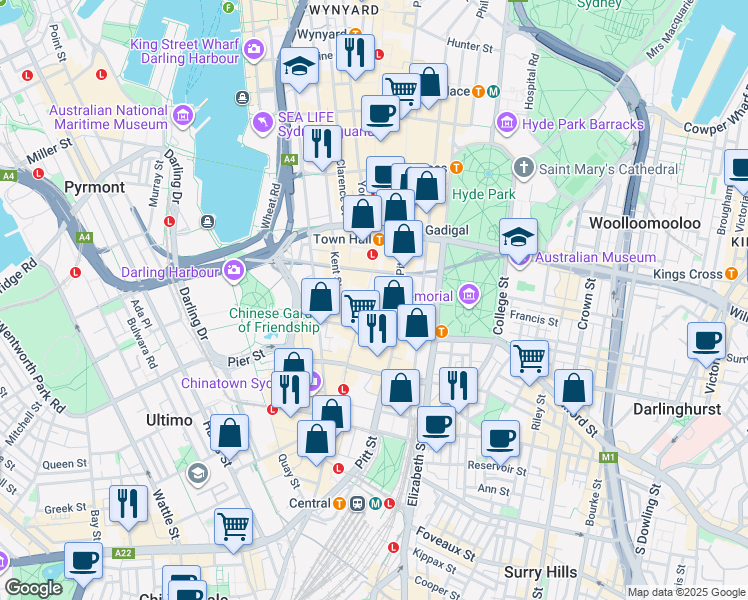 map of restaurants, bars, coffee shops, grocery stores, and more near 369A Pitt Street in Sydney