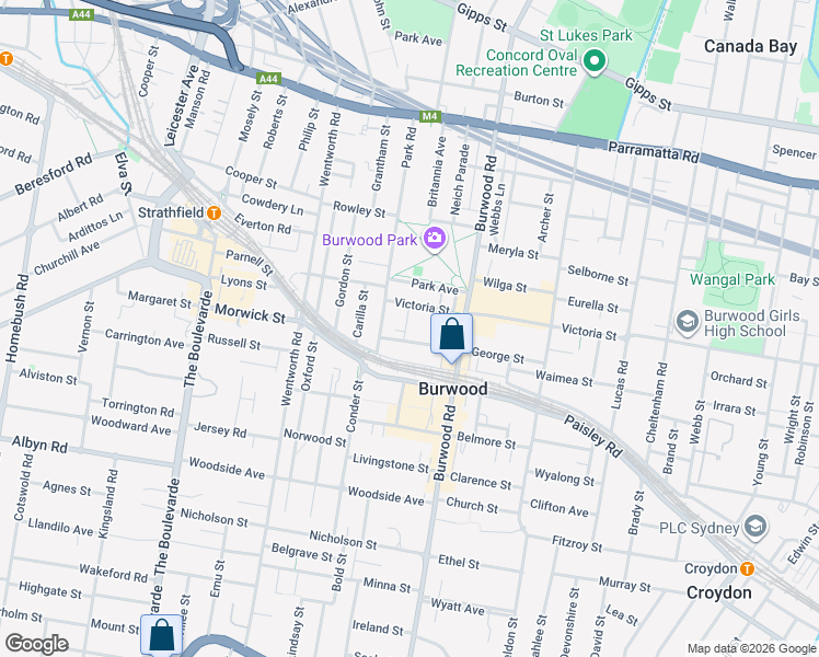 map of restaurants, bars, coffee shops, grocery stores, and more near 12 Gloucester Avenue in Burwood