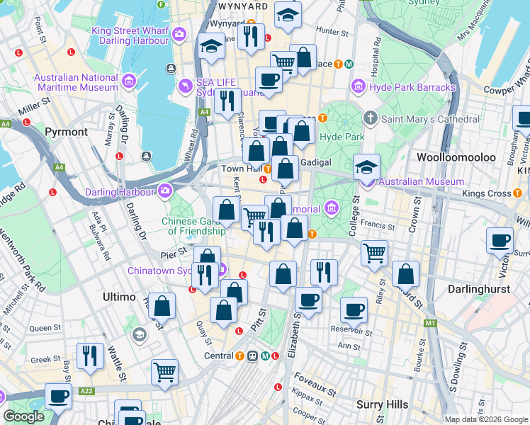 map of restaurants, bars, coffee shops, grocery stores, and more near 586 George Street in Sydney
