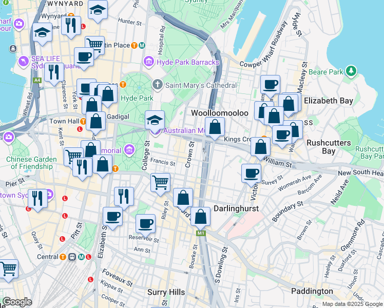 map of restaurants, bars, coffee shops, grocery stores, and more near 148 Crown Street in Darlinghurst