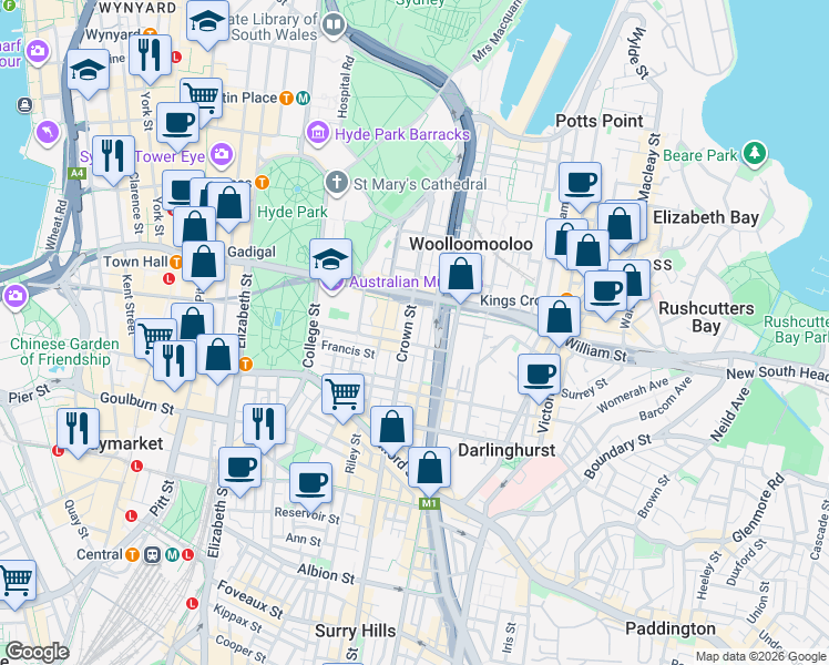 map of restaurants, bars, coffee shops, grocery stores, and more near 148 Crown Street in Darlinghurst