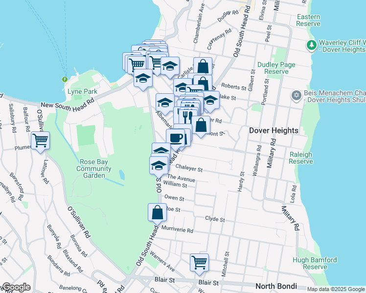 map of restaurants, bars, coffee shops, grocery stores, and more near 483 Old South Head Road in Rose Bay