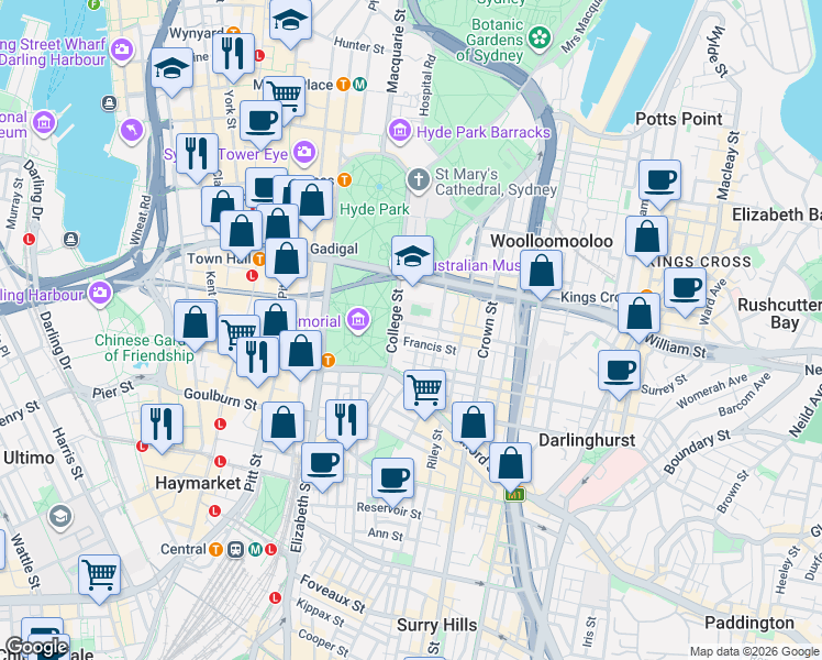map of restaurants, bars, coffee shops, grocery stores, and more near 7 Stanley Street in Darlinghurst