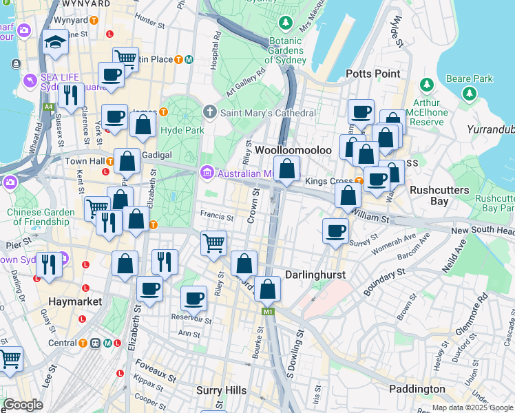 map of restaurants, bars, coffee shops, grocery stores, and more near 150 Crown Street in Darlinghurst