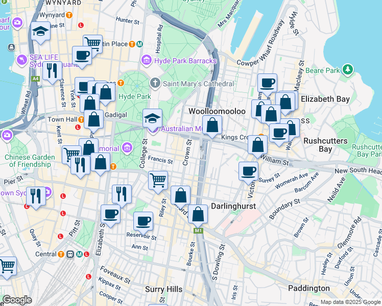 map of restaurants, bars, coffee shops, grocery stores, and more near 150 Crown Street in Darlinghurst