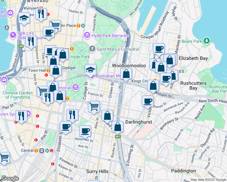 map of restaurants, bars, coffee shops, grocery stores, and more near 152 Crown Street in Darlinghurst