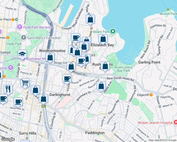 map of restaurants, bars, coffee shops, grocery stores, and more near 67 Bayswater Road in Rushcutters Bay