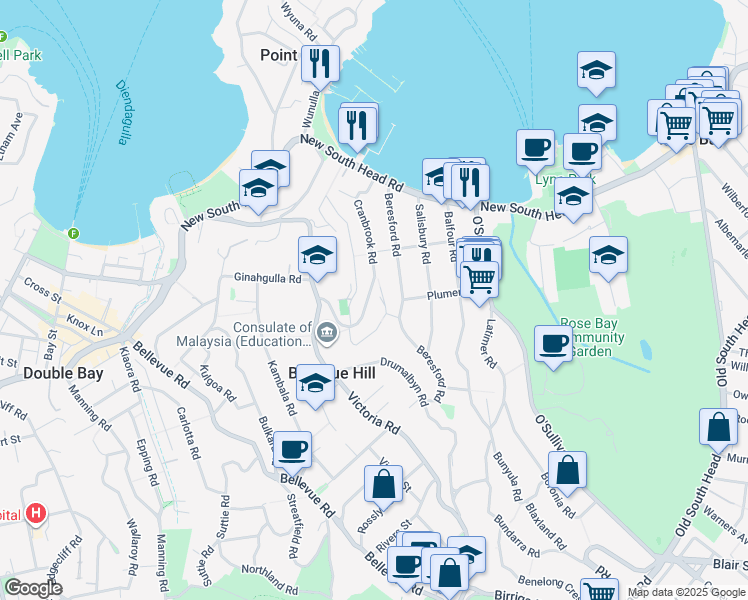 map of restaurants, bars, coffee shops, grocery stores, and more near 38 Cranbrook Road in Bellevue Hill