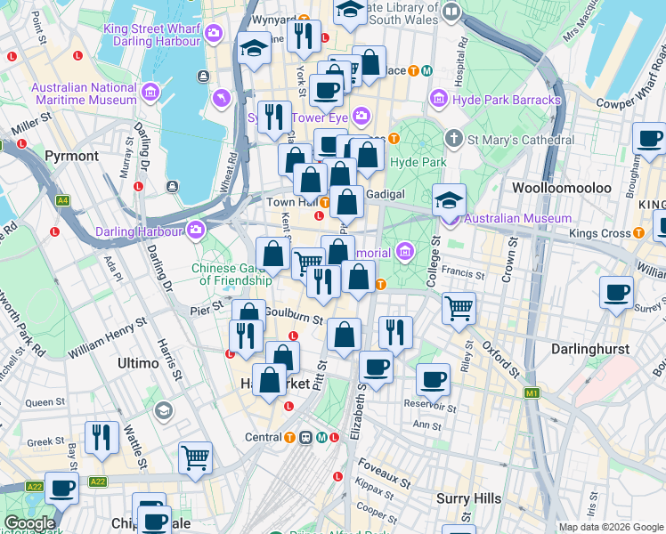 map of restaurants, bars, coffee shops, grocery stores, and more near 369A Pitt Street in Sydney