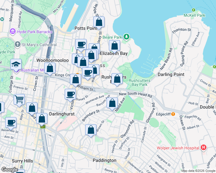 map of restaurants, bars, coffee shops, grocery stores, and more near 68 Bayswater Road in Rushcutters Bay