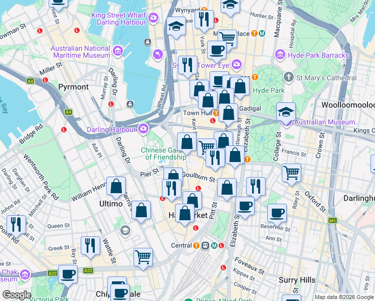 map of restaurants, bars, coffee shops, grocery stores, and more near 348 Sussex Street in Sydney