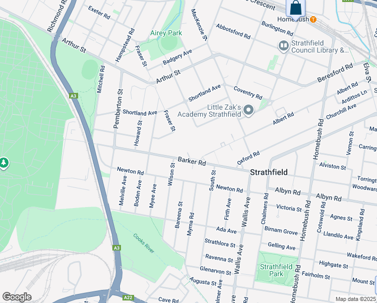 map of restaurants, bars, coffee shops, grocery stores, and more near 25A Barker Road in Strathfield