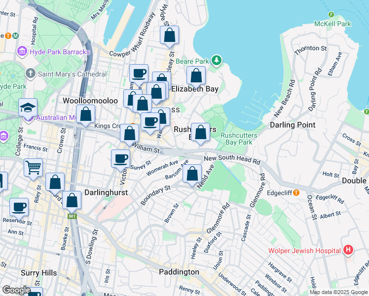 map of restaurants, bars, coffee shops, grocery stores, and more near 68 Bayswater Road in Rushcutters Bay