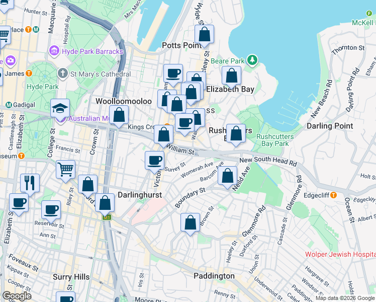 map of restaurants, bars, coffee shops, grocery stores, and more near 3 Kings Cross Road in Rushcutters Bay