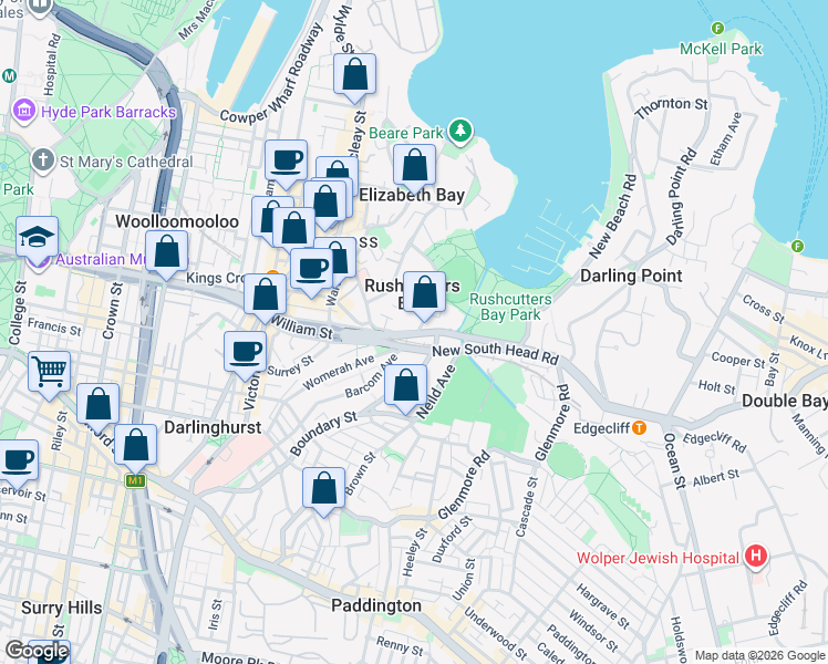 map of restaurants, bars, coffee shops, grocery stores, and more near 84 Bayswater Road in Rushcutters Bay