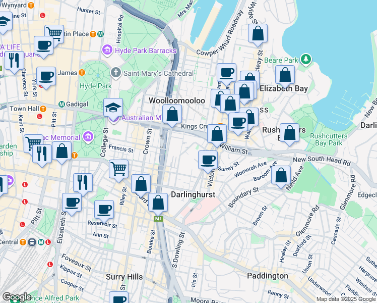 map of restaurants, bars, coffee shops, grocery stores, and more near 10 Clapton Place in Darlinghurst