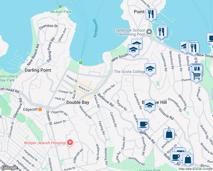 map of restaurants, bars, coffee shops, grocery stores, and more near 499 New South Head Road in Double Bay