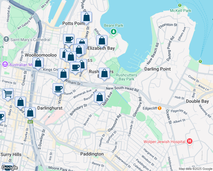 map of restaurants, bars, coffee shops, grocery stores, and more near 1 McLachlan Avenue in Rushcutters Bay