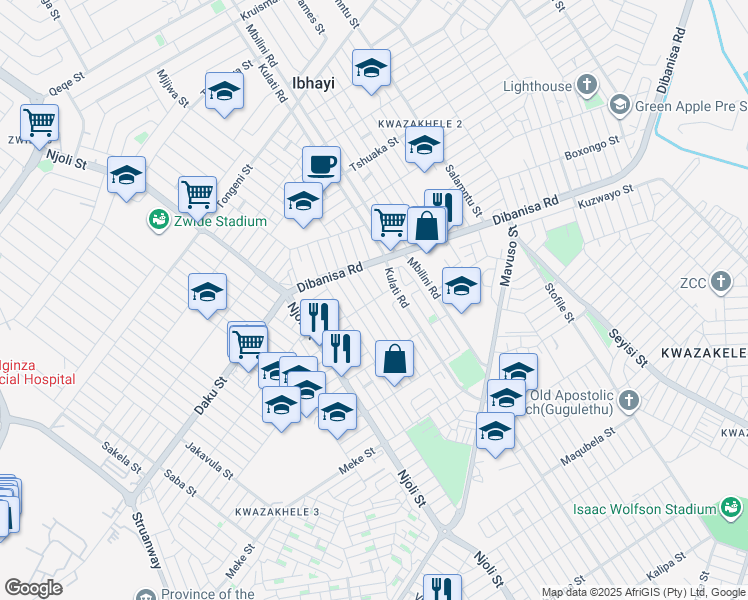 map of restaurants, bars, coffee shops, grocery stores, and more near Siwa Street in Ibhayi