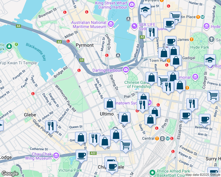 map of restaurants, bars, coffee shops, grocery stores, and more near 287 Pyrmont Street in Ultimo