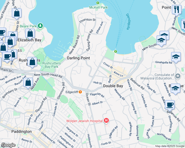 map of restaurants, bars, coffee shops, grocery stores, and more near 29 Ocean Avenue in Double Bay
