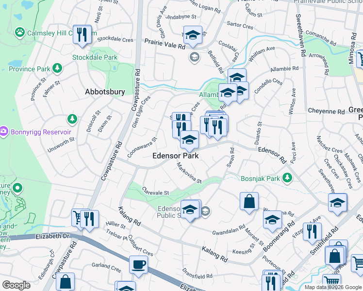map of restaurants, bars, coffee shops, grocery stores, and more near 223 Edensor Road in Edensor Park