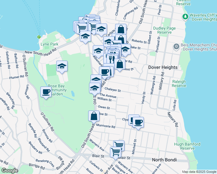 map of restaurants, bars, coffee shops, grocery stores, and more near 8 Chaleyer Street in Rose Bay