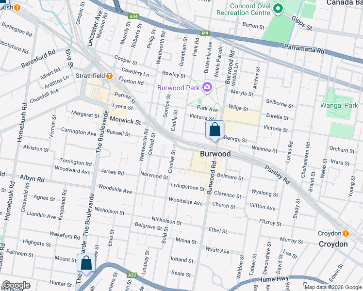 map of restaurants, bars, coffee shops, grocery stores, and more near 3 Railway Parade in Burwood