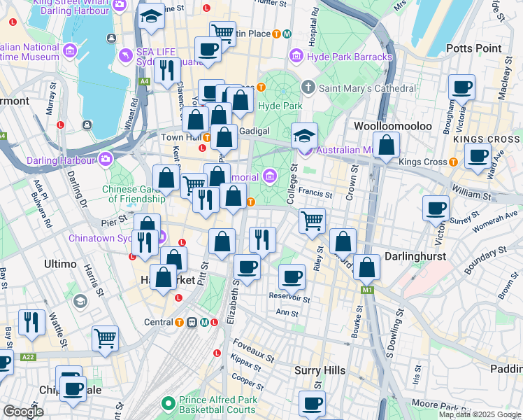 map of restaurants, bars, coffee shops, grocery stores, and more near 175 Liverpool Street in Sydney