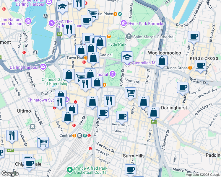 map of restaurants, bars, coffee shops, grocery stores, and more near 175 Liverpool Street in Sydney