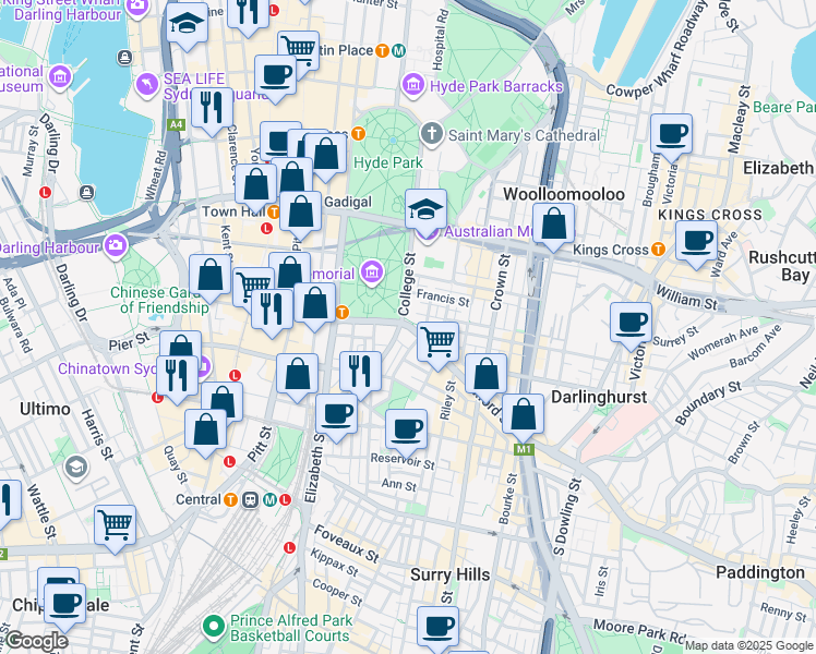 map of restaurants, bars, coffee shops, grocery stores, and more near 1 Oxford Street in Surry Hills