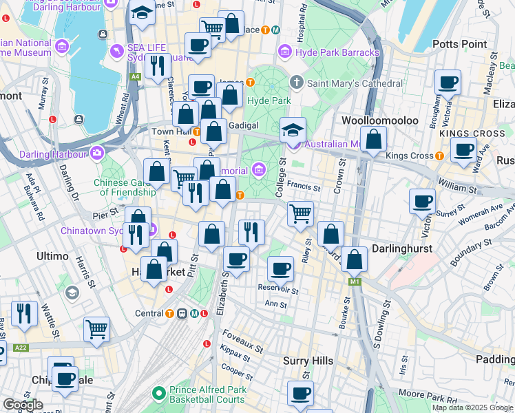 map of restaurants, bars, coffee shops, grocery stores, and more near 175 Liverpool Street in Sydney