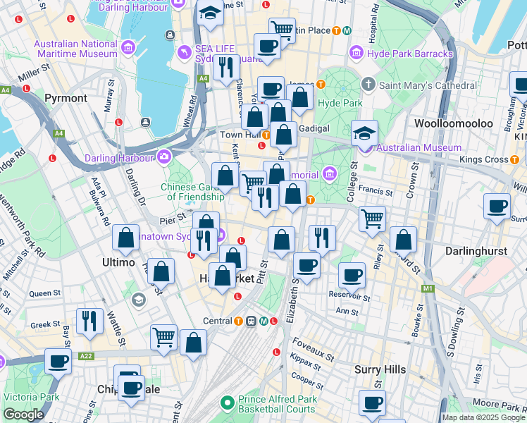 map of restaurants, bars, coffee shops, grocery stores, and more near 644 George Street in Sydney