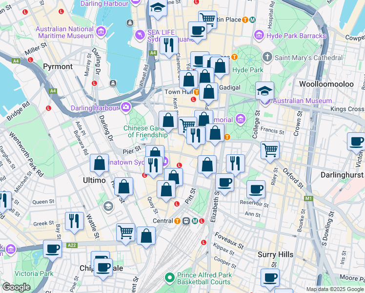 map of restaurants, bars, coffee shops, grocery stores, and more near 586 George Street in Sydney