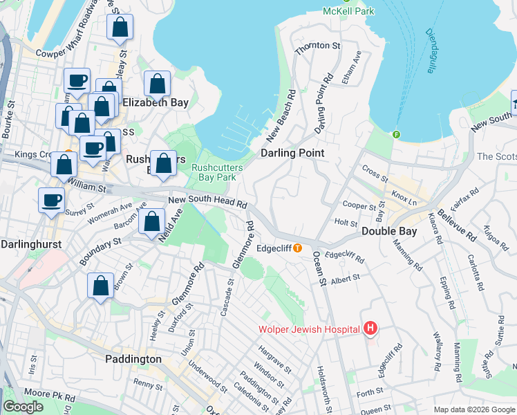 map of restaurants, bars, coffee shops, grocery stores, and more near 1 Mona Road in Darling Point
