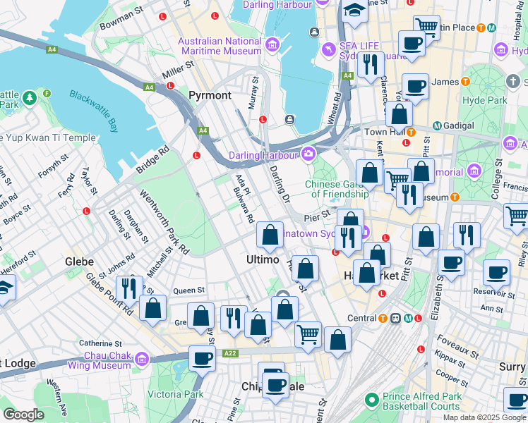 map of restaurants, bars, coffee shops, grocery stores, and more near 495 Harris Street in Ultimo