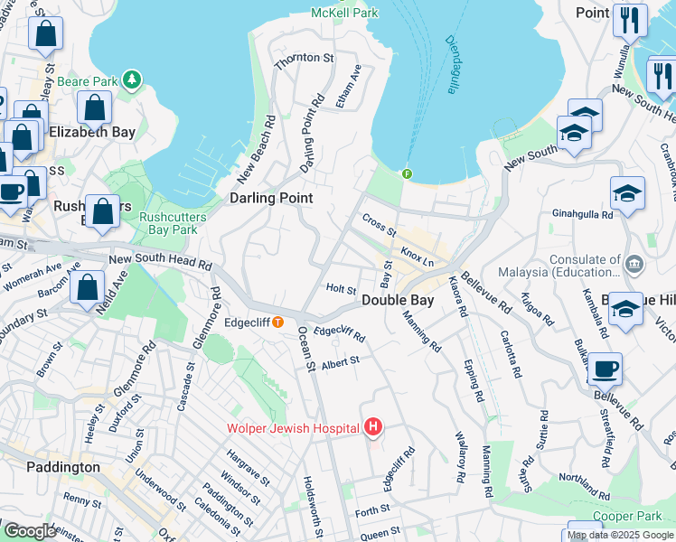 map of restaurants, bars, coffee shops, grocery stores, and more near 24 Cooper Street in Double Bay