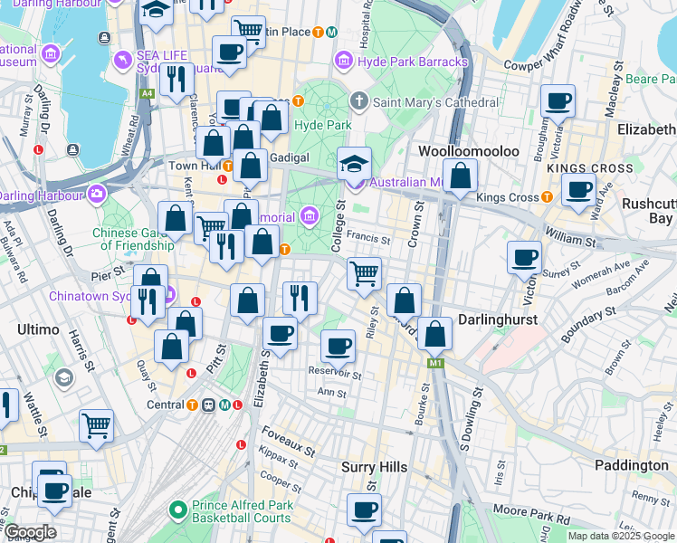 map of restaurants, bars, coffee shops, grocery stores, and more near 1 Oxford Street in Surry Hills