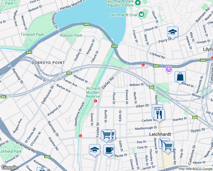map of restaurants, bars, coffee shops, grocery stores, and more near 130 William Street in Leichhardt